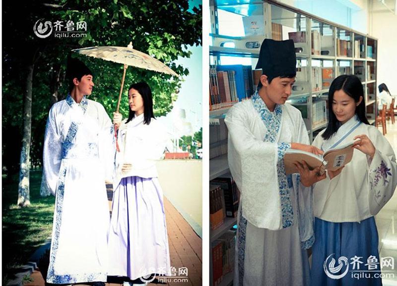 Studenten tragen klassische Kleidung für das Drachenbootfest