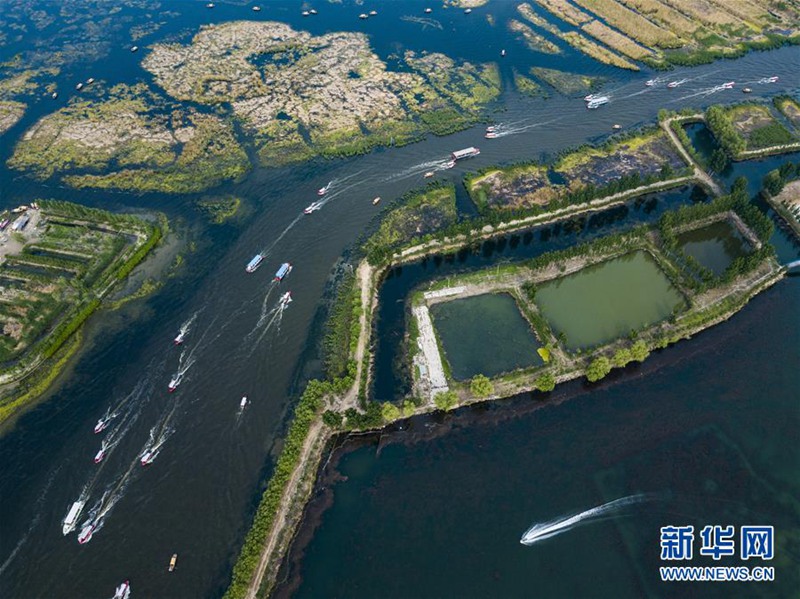 Touristen besuchen den Baiyangdian-See in Xiong'an New Area