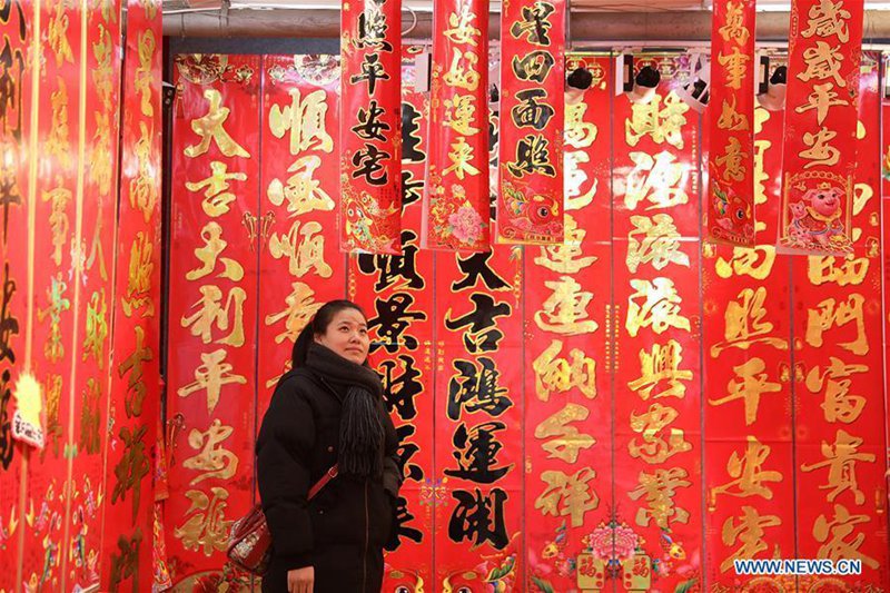 Reges Treiben beim Kauf von Neujahrsfestdekorationen auf Markt in Provinz Hebei 