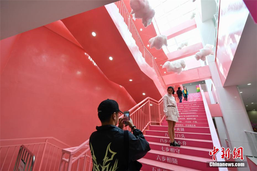 Pinkfarbene U-Bahnstation in Kunming