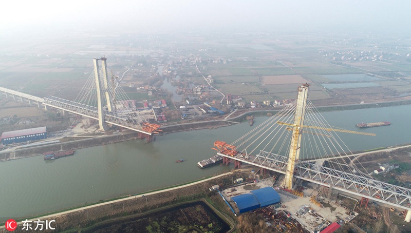 Yuxi-Eisenbahnbrücke über Chaohu-See in wichtiger Bauphase 